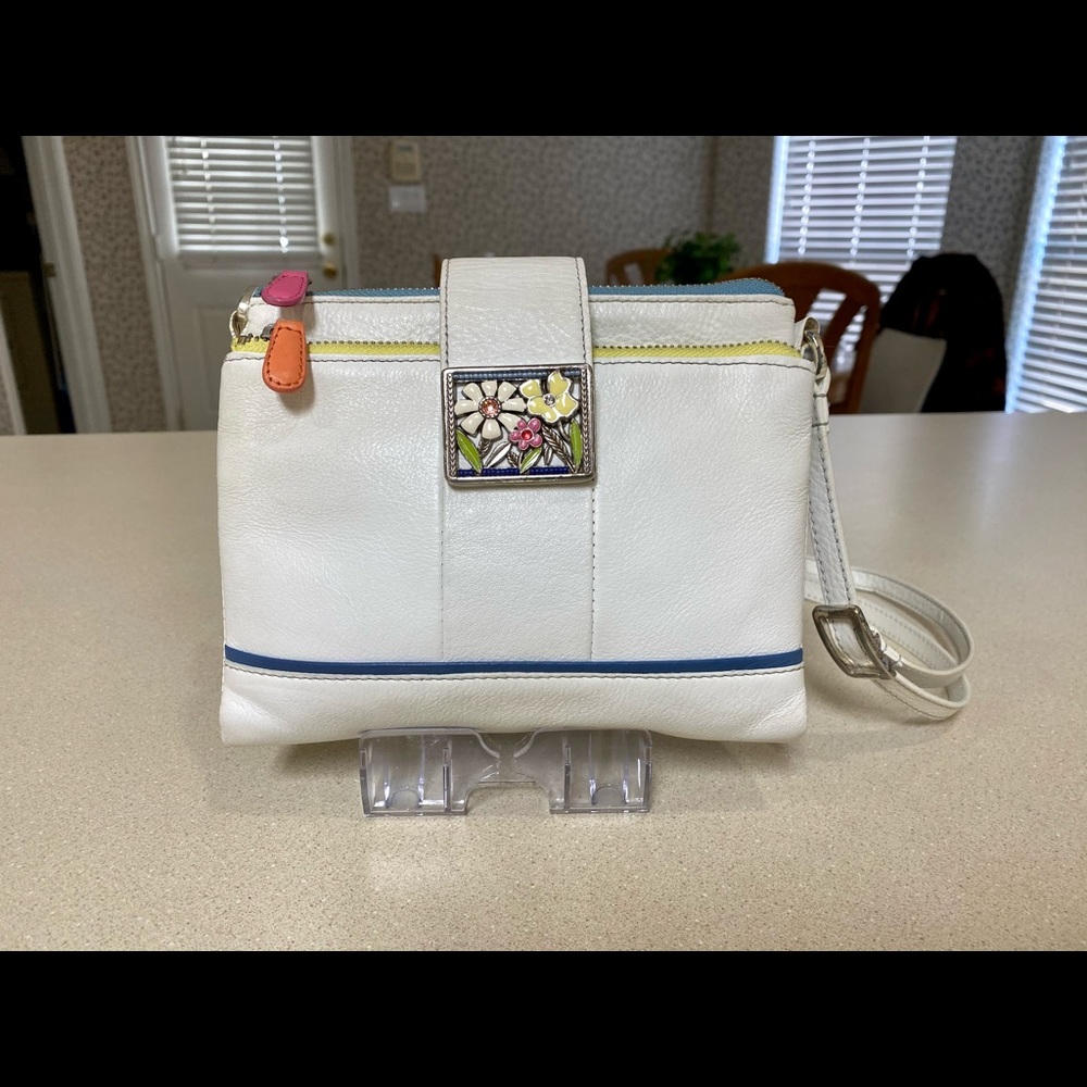 Brighton white leather wallet purse with colored zipper and flower accents!